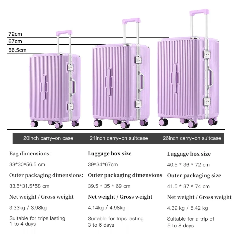 bagage à cadre en aluminium épaissi de grande capacité, valise de voyage avec mot de passe à roue universelle résistante de 26 pouces, étudiant de 24 pouces