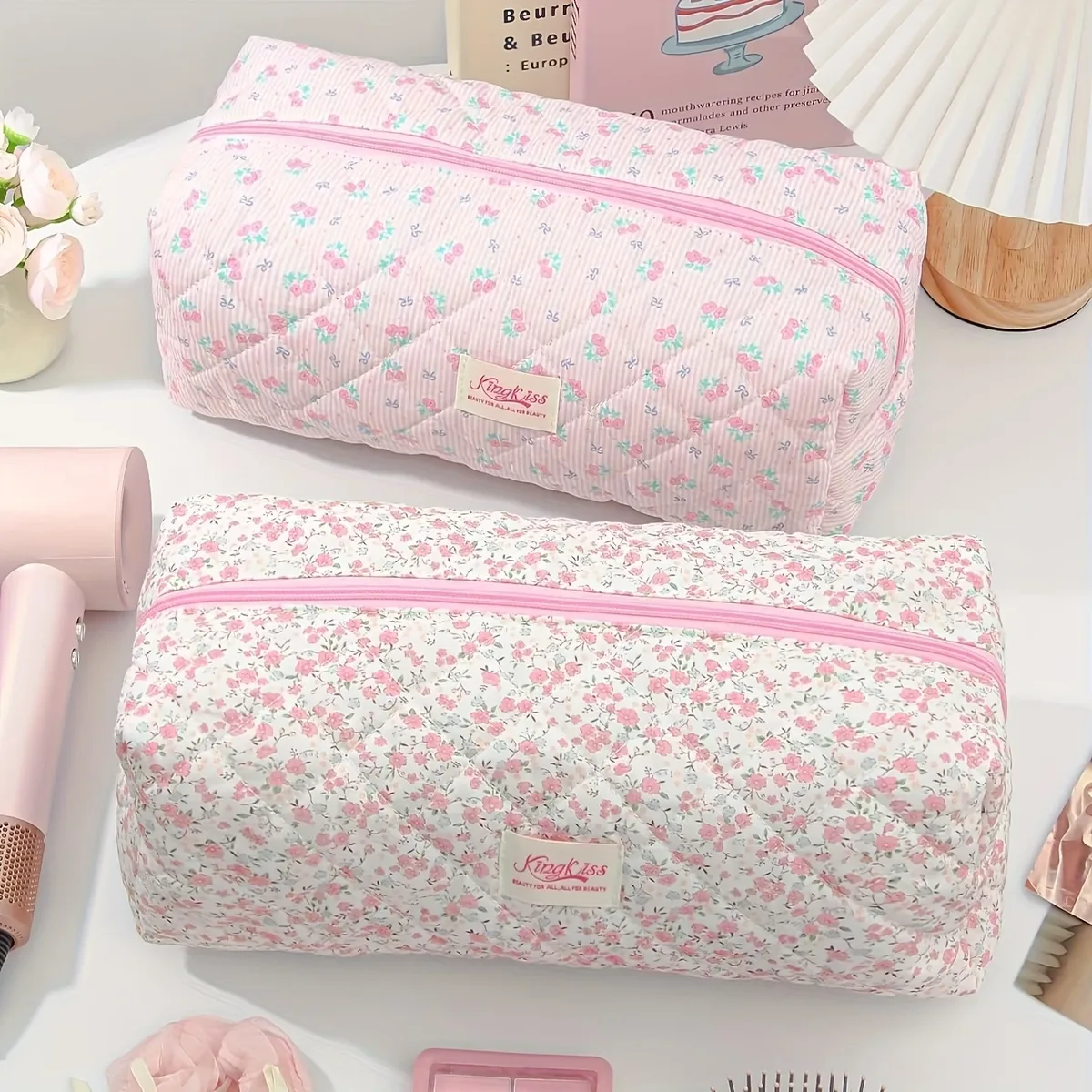 sac de rangement de beauté de voyage de grande capacité de style coréen, mignon, à motifs floraux, pour sèche-cheveux et fer à friser, avec rangement pour le maquillage
