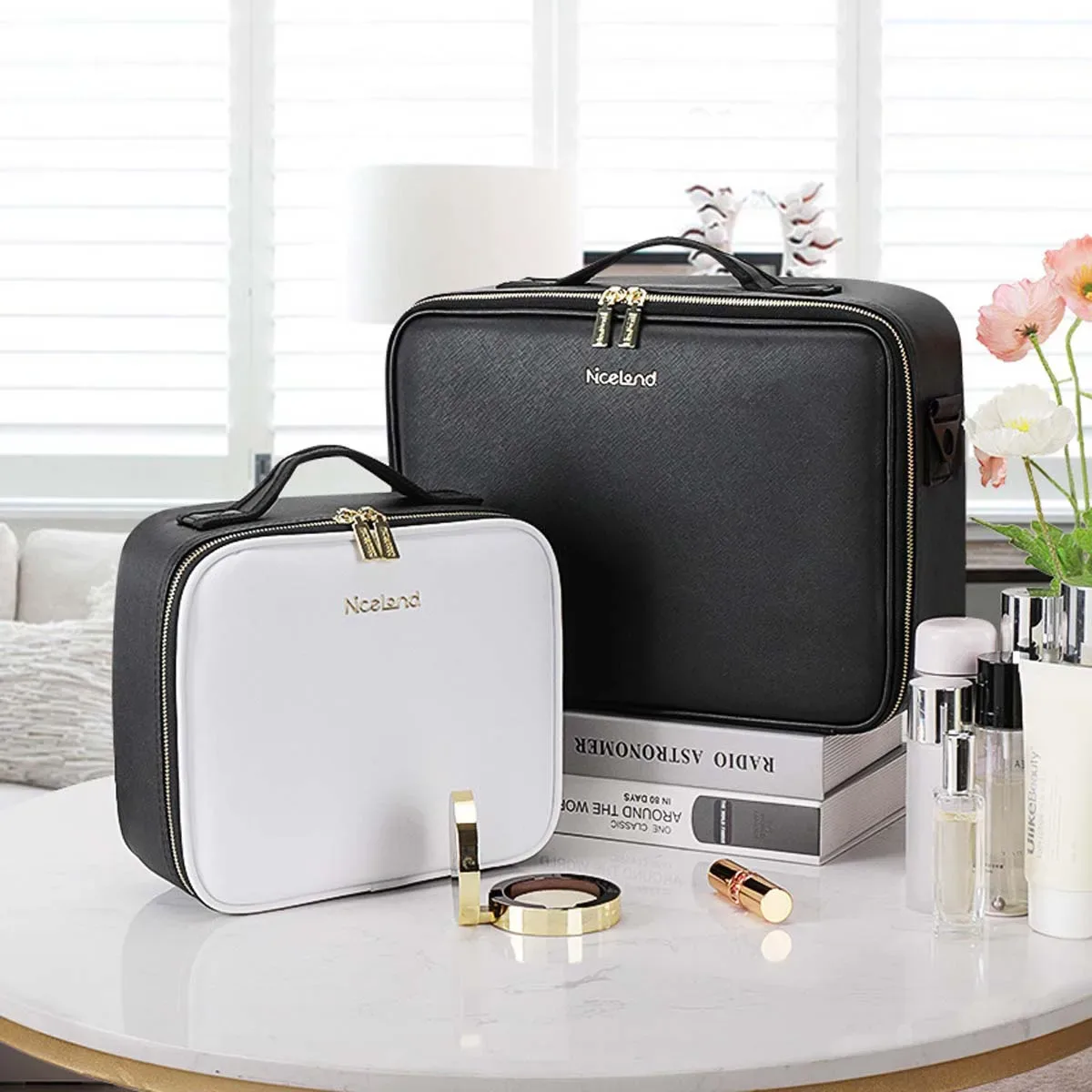 trousse de maquillage miroir plein écran pour femme, sac de rangement portable pour cosmétiques, soins de la peau, grande capacité, haut de gamme