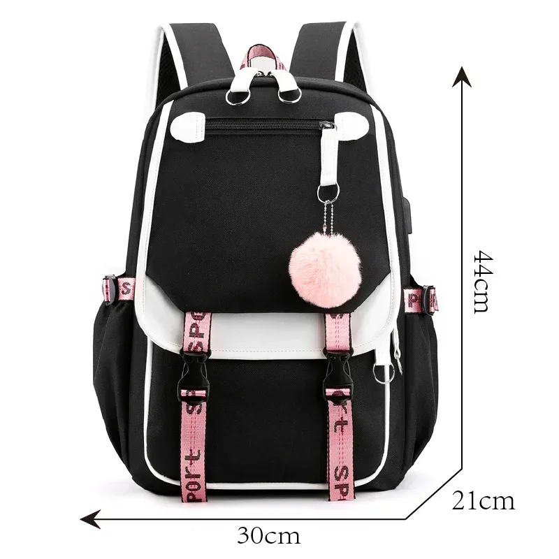 grands sacs d'école pour adolescentes, port usb, cartable en toile, sac de livre d'étudiant, mode noir rose, sac à dos d'école pour adolescents