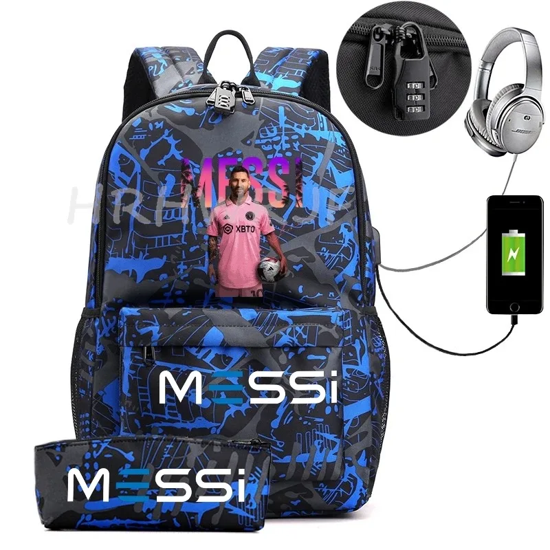 sac à dos de sport messi camouflage pour femmes et hommes, sac à dos pour ordinateur portable pour adolescents, étudiants, sac à dos orthopédique de voyage avec trousse à crayons 2 pièces