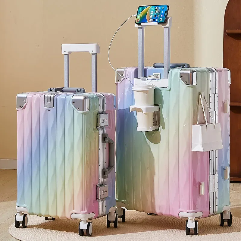 Valise de voyage 18/20/24/26 pouces, avec porte-gobelet USB, cadre en aluminium, boîtier de chariot avec roulettes, bagage à main