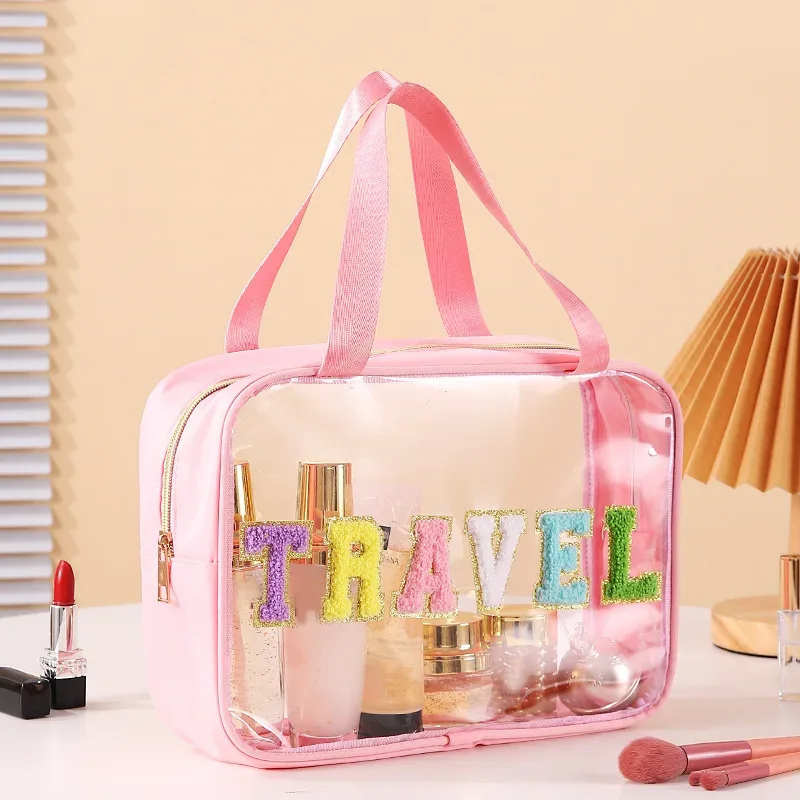 trousse de toilette de maquillage transparente, sacs de bain de plage de natation, sac de lavage de voyage portable, étui à cosmétiques en cuir pu, pvc étanche, nouveau