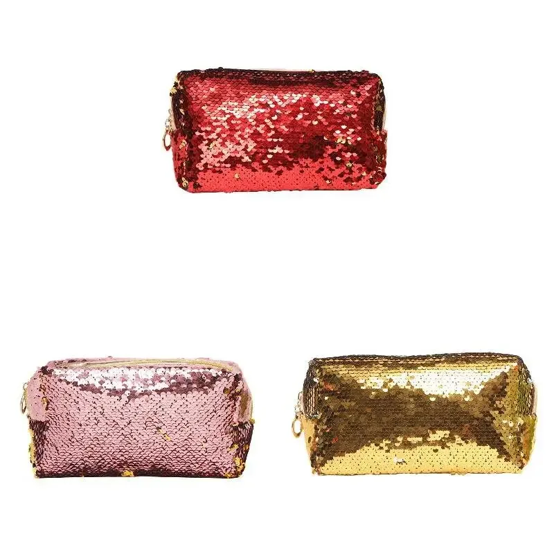 trousse de maquillage portable pour femme, paillettes, fermeture éclair, brosse, trousse de toilette, trousse à cosmétiques, évaluation, voyage