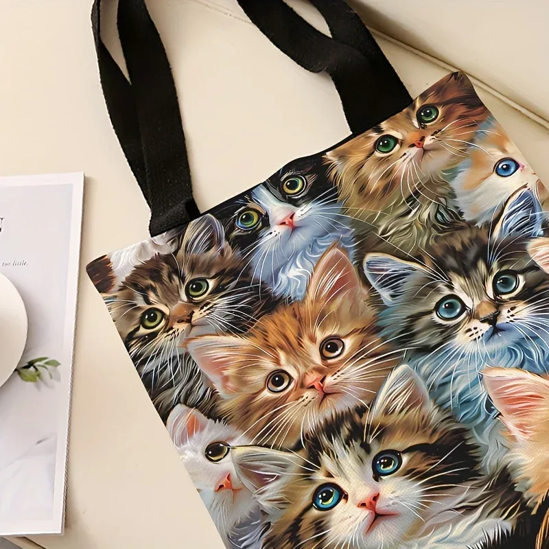 sac à main décontracté imprimé chat, sac à dos réutilisable à la mode, sac à main multifonctionnel, sac de shopping en toile imprimée