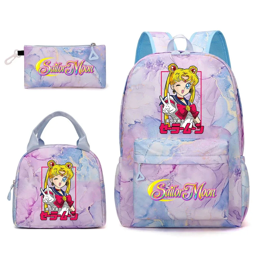 ensemble de sacs d'école anime sailor moon 3 en 1, sac à dos, boîte à lunch, trousse à crayons, sac à dos kawaii pour adolescentes, voyage en plein air