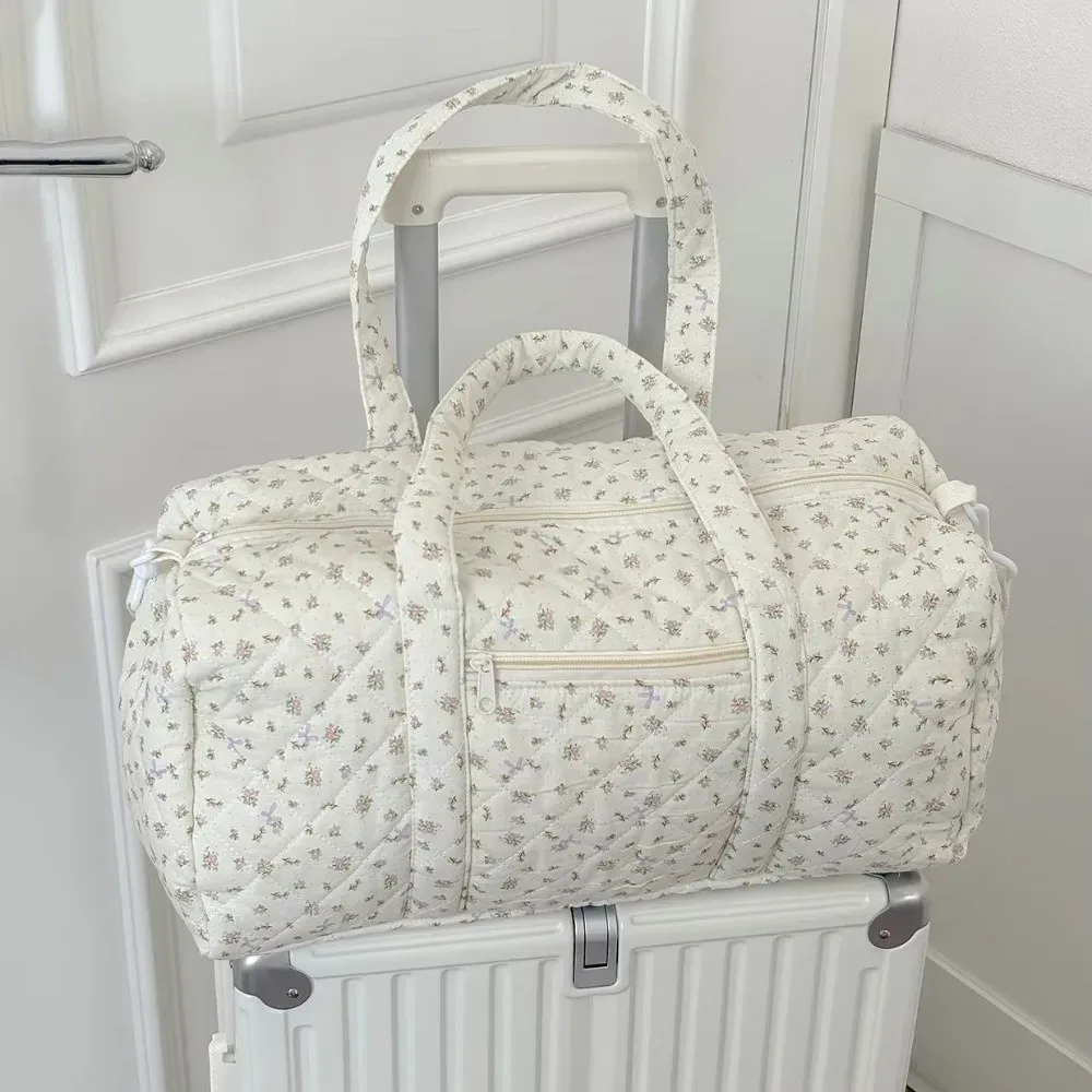 Sac de voyage matelassé léger version coréenne, motif floral, grande capacité, sac Boston diagonal, sac à main en coton, voyage