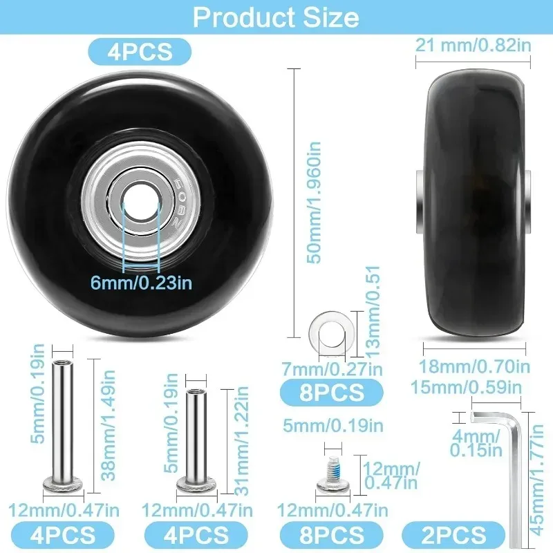 4 roues de remplacement pour valise 50x18mm, kit de réparation de roues de valise en caoutchouc, roues de valise robustes de remplacement (noir)