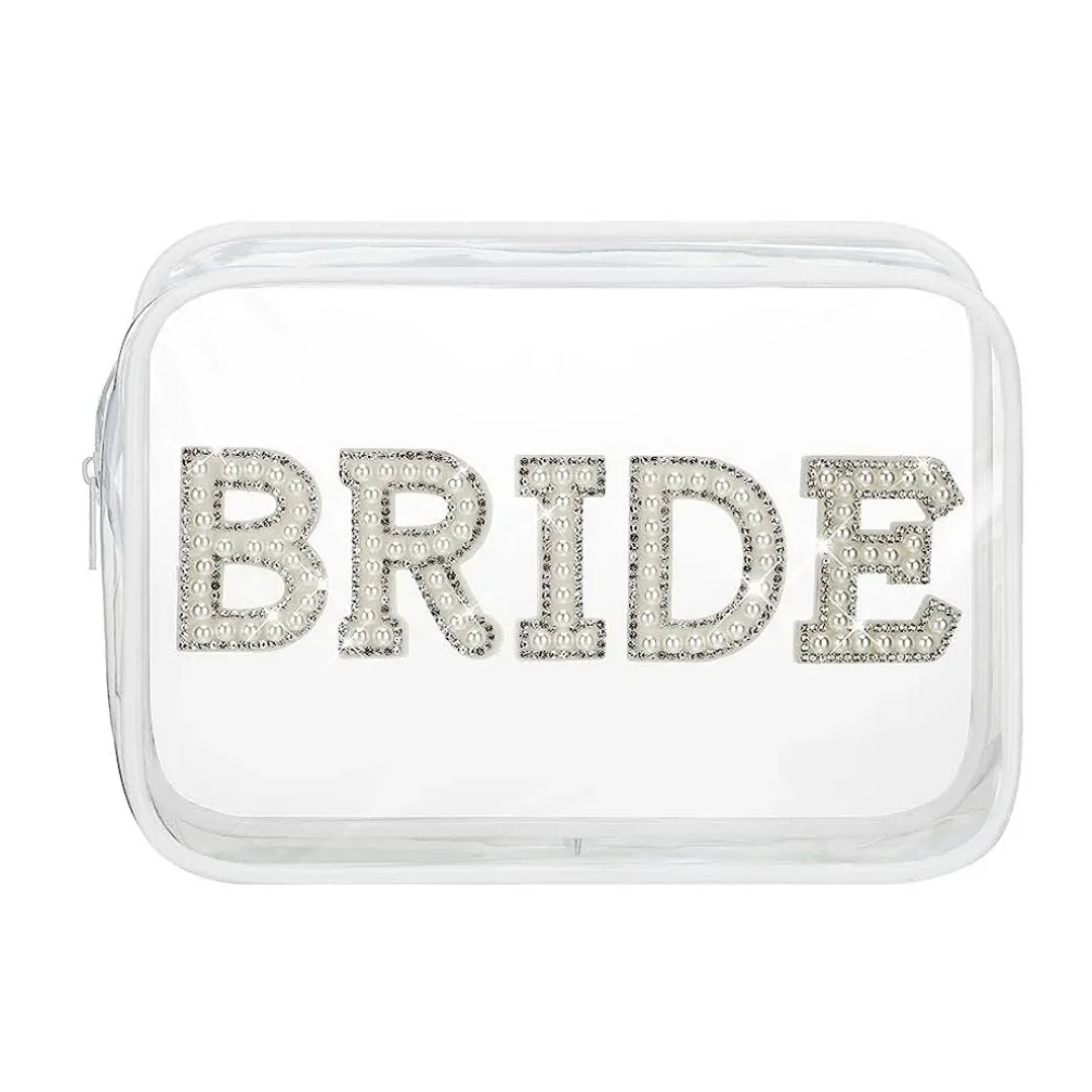 trousse de maquillage transparente pour la mariée, sac cosmétique de fiançailles, cadeaux de douche pour patients, patchs de lettres en biscuits scintillants, voyage en pvc étanche
