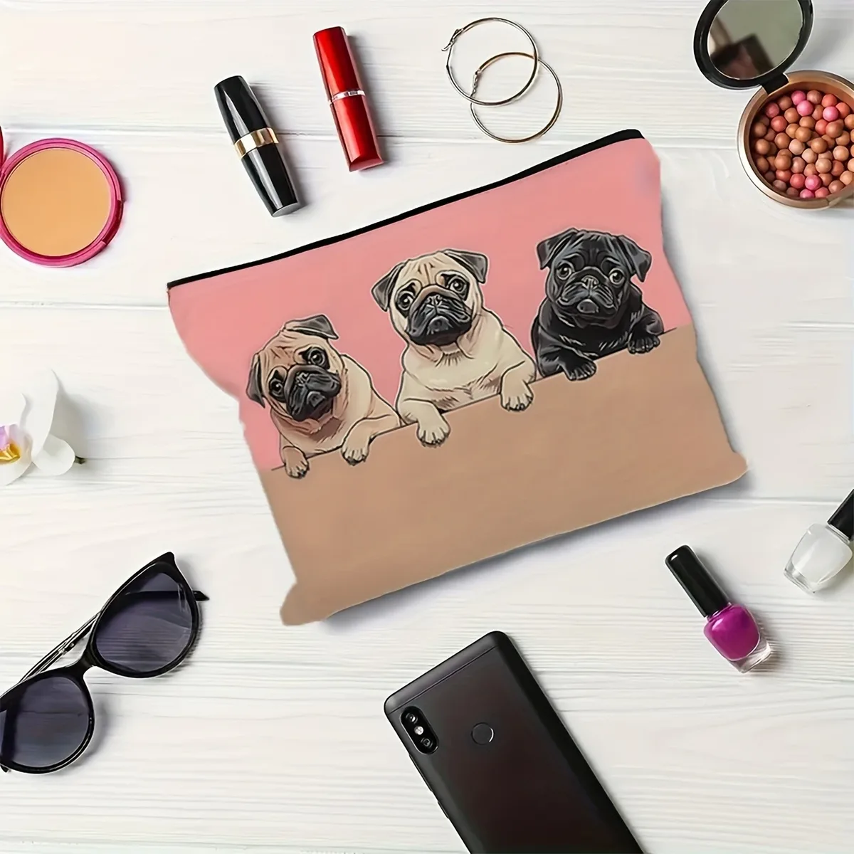 1 pièce, trousse de maquillage en polyester imprimé chien carlin mignon, style décontracté, fermeture à glissière durable qui ne se décolore pas, pochette de voyage pliable portable