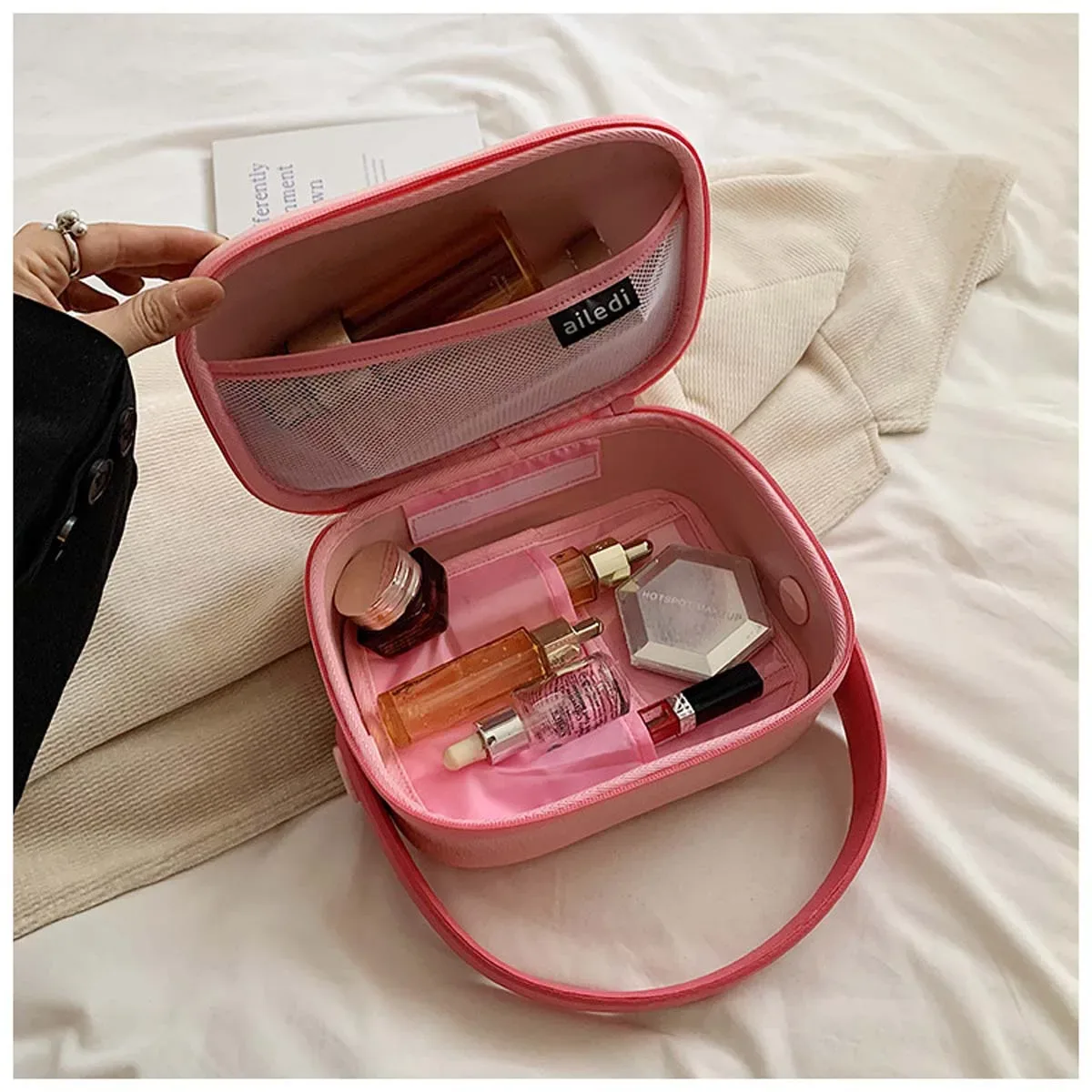 trousse de maquillage de voyage portable, grande capacité, multifonctionnelle, portable, extérieur, étanche, stockage de produits de toilette en dopamine, coque rigide