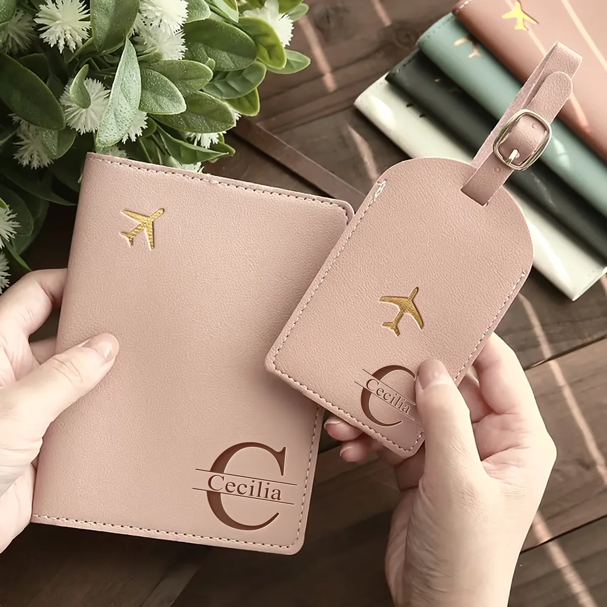 ensemble de porte-passeport et d'étiquette à bagages en similicuir pu personnalisable avec gravure au laser, bouton-pression, essentiels de voyage