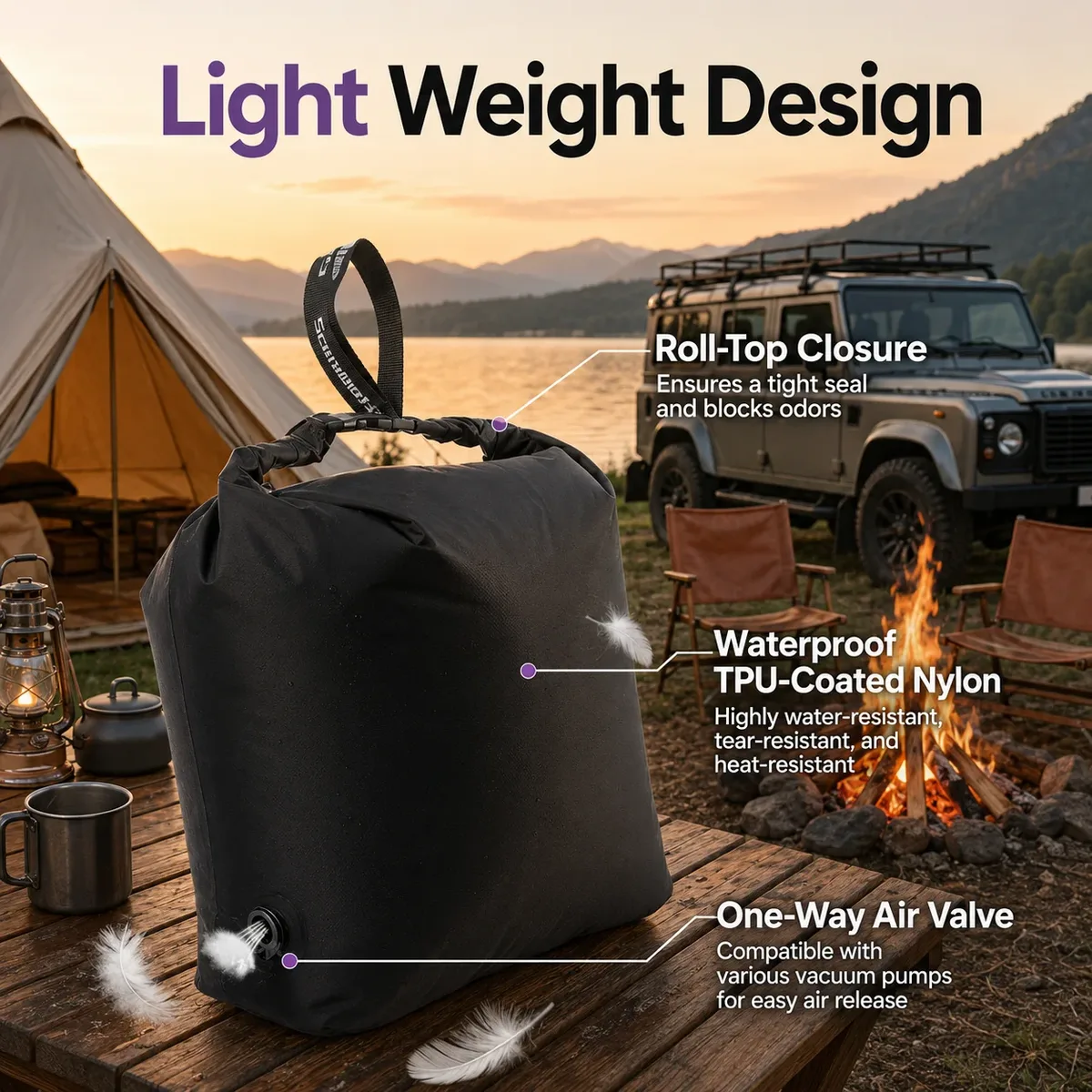 sac de compression sous vide pour glamping, pas de pompe nécessaire, organisateur d'équipement imperméable pour sac de couchage, doudoune, vanlife, économiseur d'espace