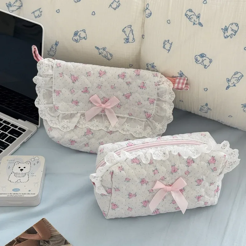 petite trousse de maquillage en dentelle à fleurs roses pour femmes, organisateur de voyage, pièces de monnaie cosmétiques, pochette pour filles, mignon nœud carré, sacs portefeuille à fermeture éclair