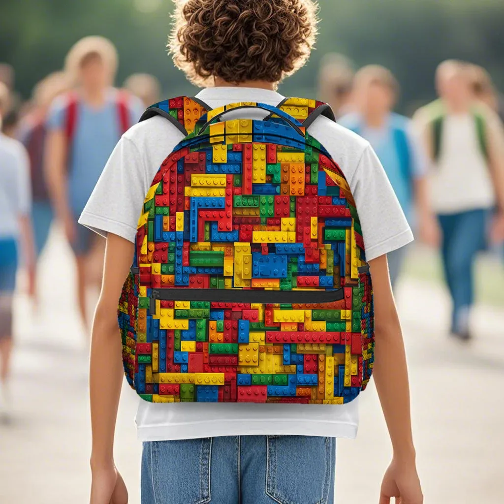 sac à dos à blocs colorés, tissu léger et durable avec fermeture à glissière, imprimé animé tendance pour le travail scolaire et le week-end