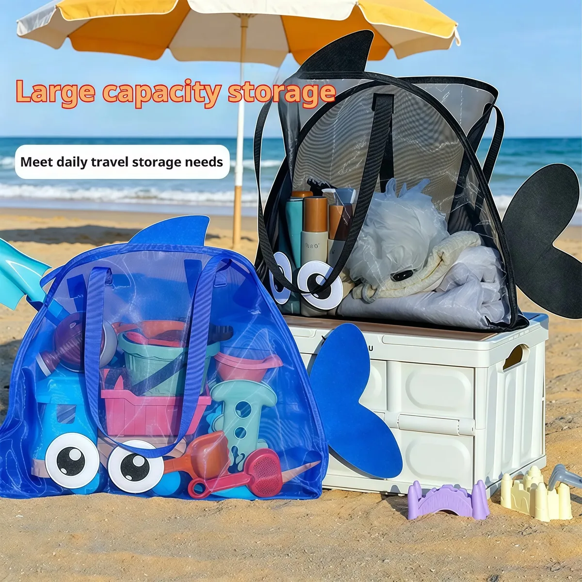sac de plage en maille en forme de poisson pour enfants, sac de rangement léger pour jouets, sac à main portable pour enfants, organisateur d'été pour la plage et la piscine en extérieur