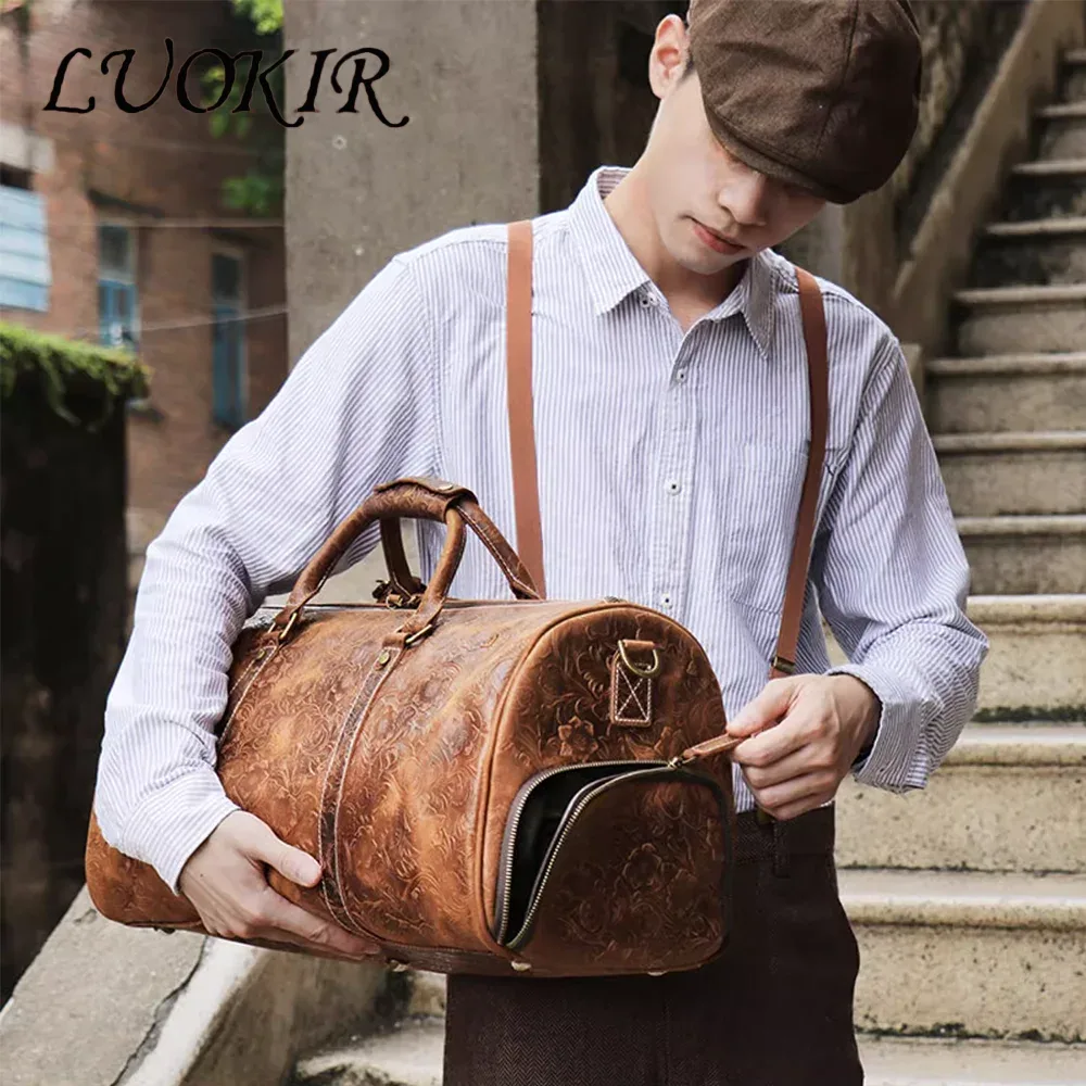 LUOKIR-Sac fourre-tout vintage en cuir gaufré, grande capacité, cuir véritable, sac de voyage à court terme pour vêtements et bagages, sac de sport