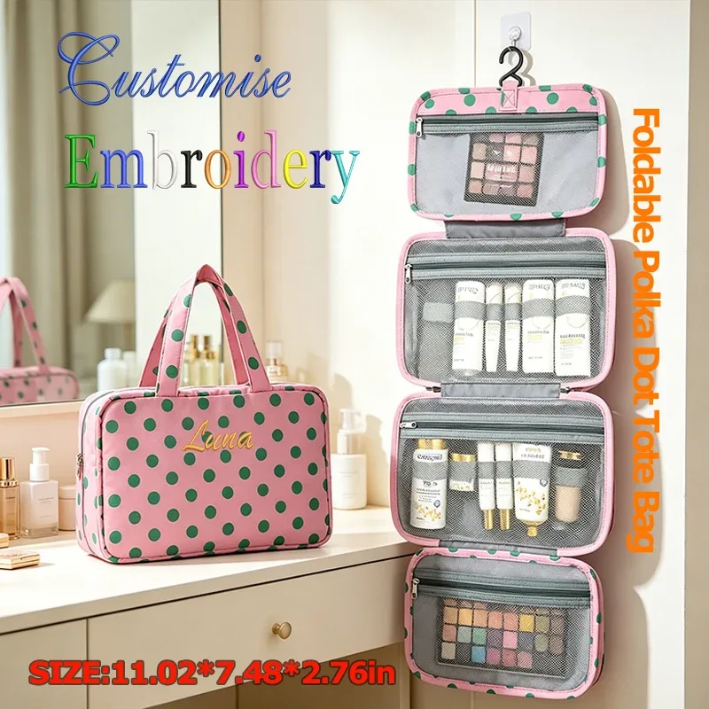 broderie personnalisée/style standard 2 options, sac à main pliable personnalisé à pois, trousse de toilette, 