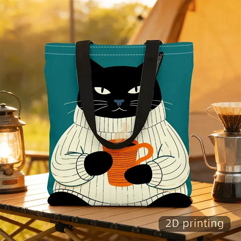 sac fourre-tout en toile avec motif de chat noir amusant et tasse à café, chat de dessin animé en pull, sac à main réutilisable pour femmes, grand sac de shopping à bandoulière.