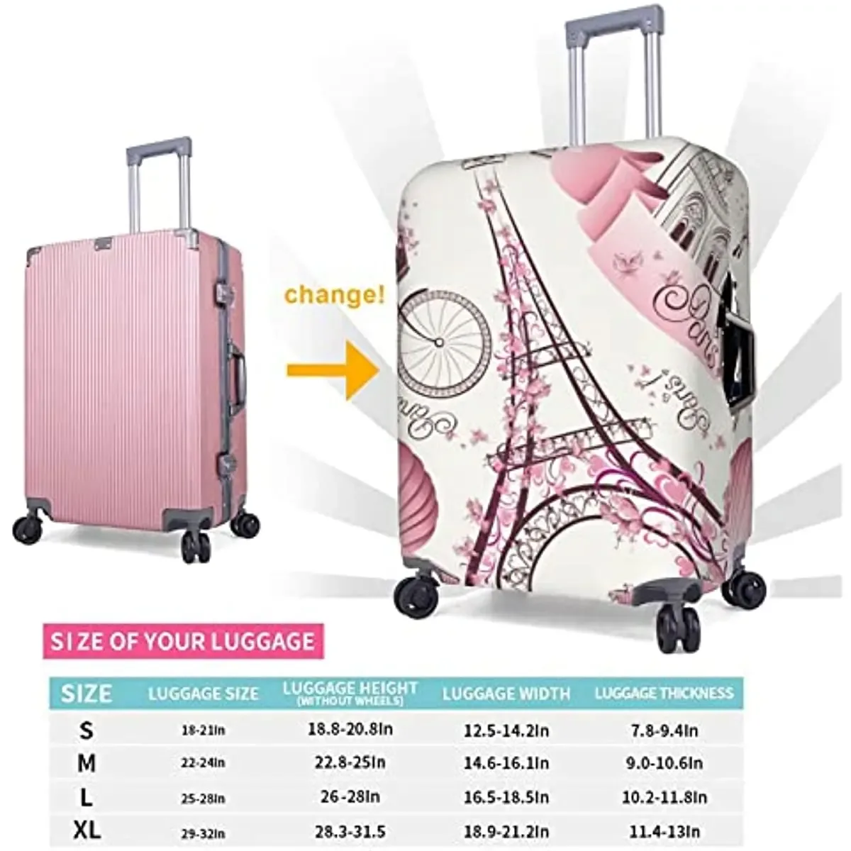 juste de valise de voyage tour eiffel paris avec fleurs roses, housse de protection des bagages, convient aux valises de 18 à 32 pouces
