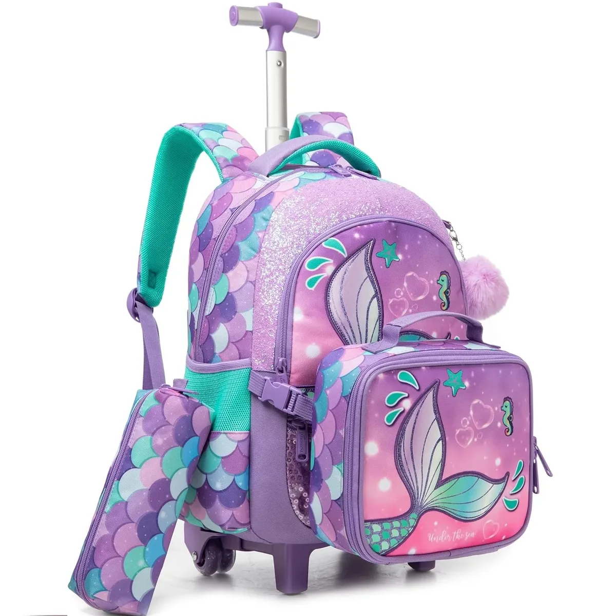 sac à dos à roulettes pour filles, sac à dos pour enfants à roulettes, ensemble de sacs à roulettes pour l'école avec boîte à lunch isotherme, sac de voyage pour enfants