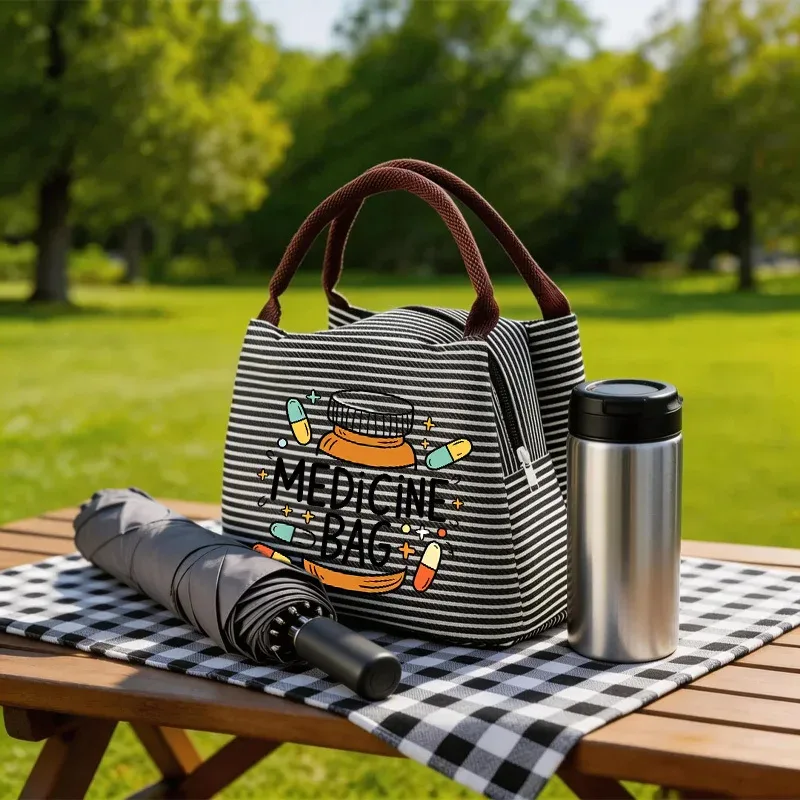 Sac de rangement portable pour médicaments avec poignée, organisateur à fermeture éclair à rayures vertes, sac de transport de médicaments de grande capacité pour usage quotidien