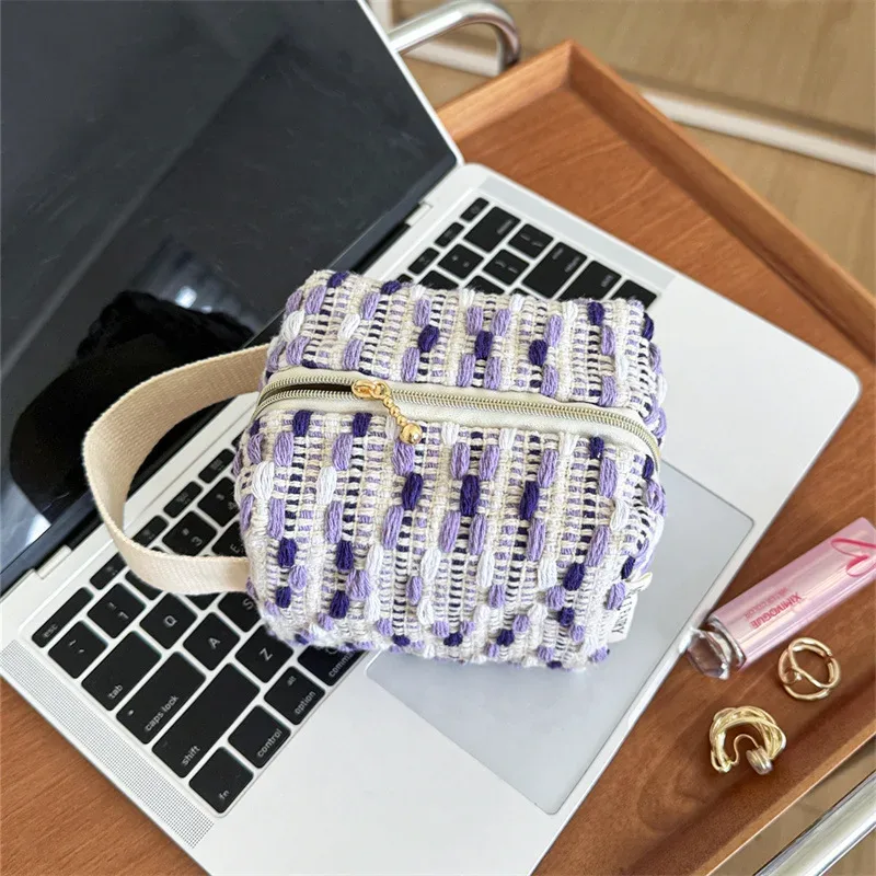 sac à main tissé rayé pour fille, petit sac cosmétique portable, sac de rangement de voyage, sac intérieur color-block pour sac de voyage