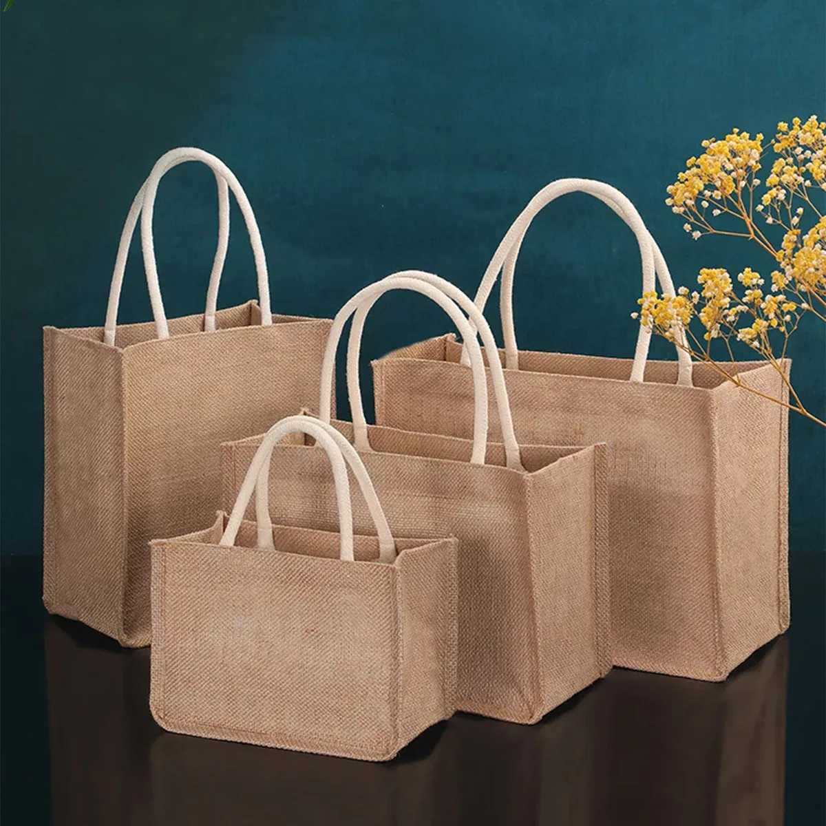 sacs fourre-tout en toile de jute vierge, sac à main de shopping de plage, sacs cadeaux vintage réutilisables avec poignée pour l'épicerie, artisanat, fêtes d'anniversaire