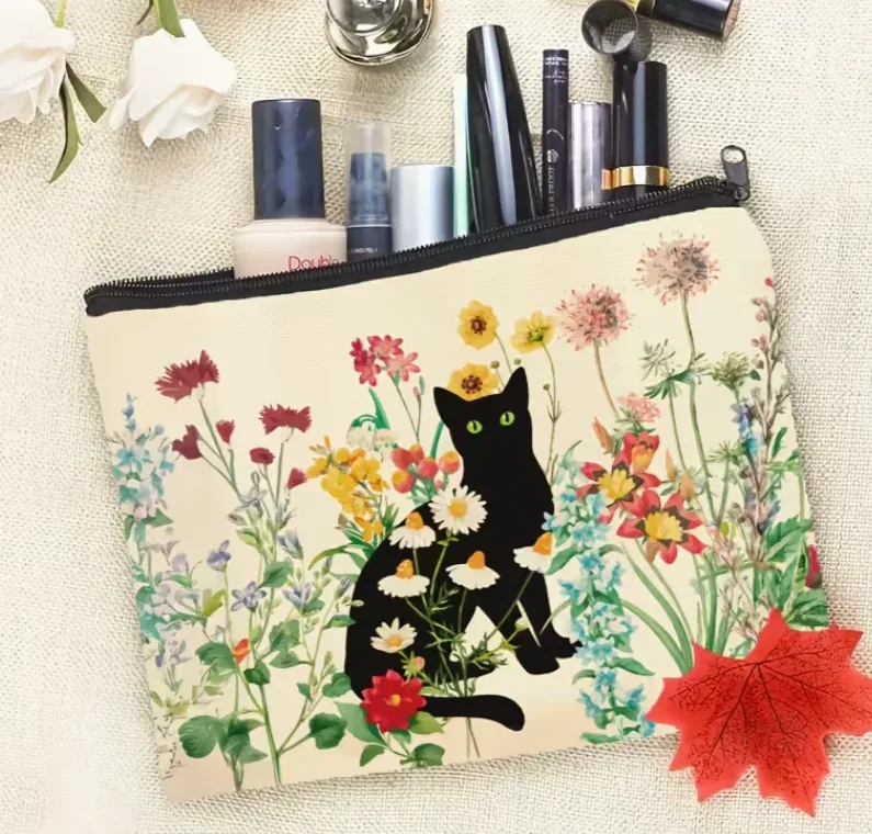 trousse de maquillage vintage à motif chat noir, charmante pochette cosmétique en polyester, cadeau floral pour les amoureux des chats, femmes, adolescentes, filles