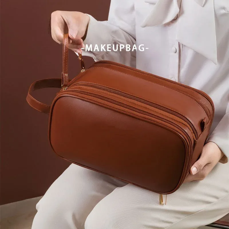 sac de maquillage multifonctionnel pour femmes en cuir pu, grande capacité, portable, double fermeture éclair, sac de rangement pour pinceaux de maquillage et articles de toilette
