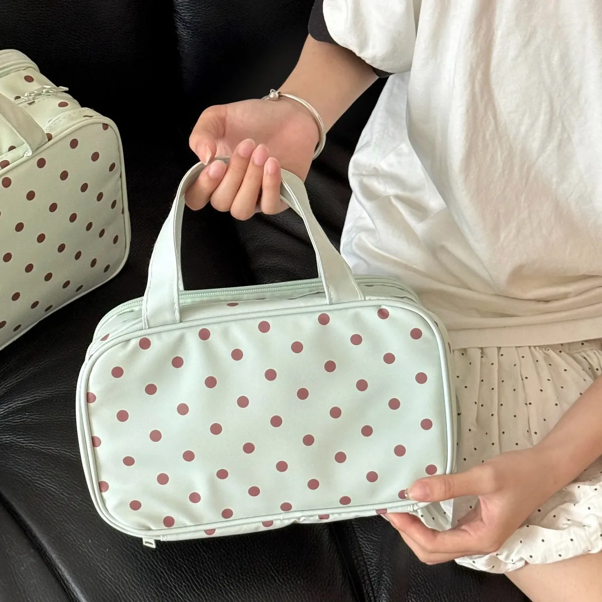 trousse de maquillage vert menthe à pois, grande capacité, compartiment à trois couches, sac de rangement étanche