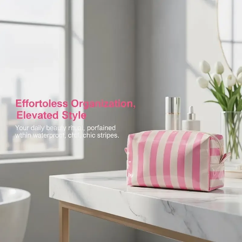 Sac à cosmétiques rayé en PVC, trousse de maquillage avec fermeture éclair, trousse de toilette de voyage étanche, étui pour pinceaux de maquillage, 1 pièce