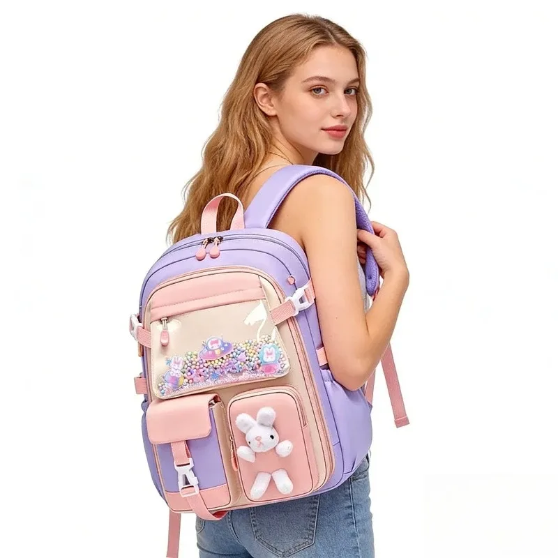 sac à dos scolaire en tissu oxford, polyester imperméable, mignon, à motif de dessin animé, pour filles, protection de la colonne vertébrale, sac à dos quotidien pour le campus et les trajets
