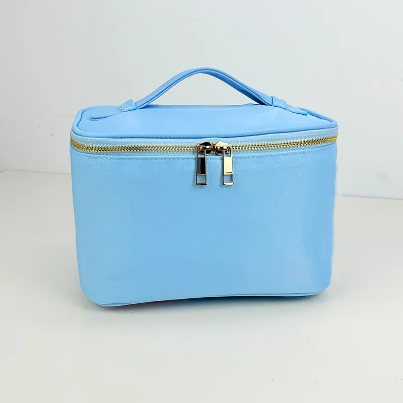 boîte de rangement imperméable en nylon couleur bonbon avec poignée, grand espace, patchs personnalisables, trousse de toilette et de maquillage pour filles pour les soirées pyjama