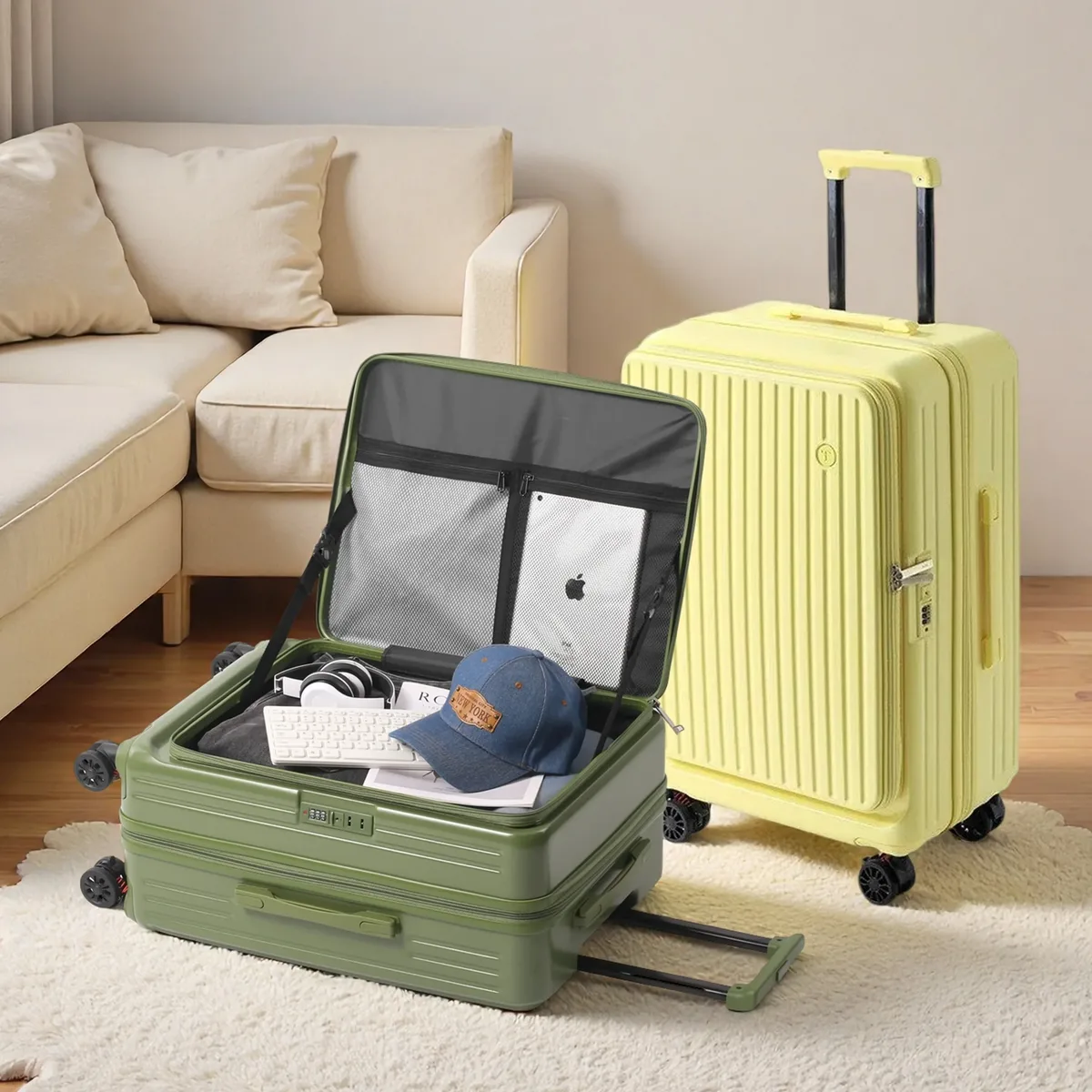 Valise multifonctionnelle extensible à ouverture frontale avec porte-gobelet, crochet, frein, roues silencieuses et serrure à combinaison