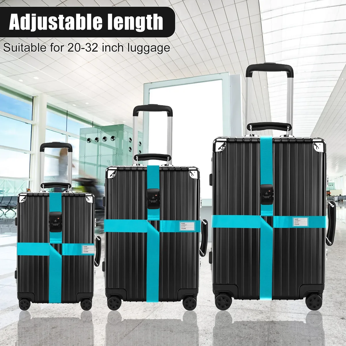sangle de bagage croisée tsa, serrure douanière, ceinture de valise à longueur réglable avec étiquette d'identification transparente, ceinture de voyage durable pour bagages