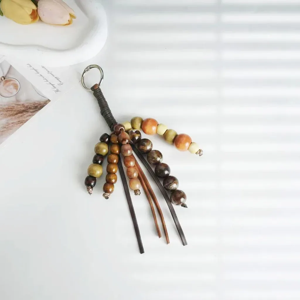 porte-clés vintage exquis en perles de bois naturel, pendentif de sac, breloque ethnique tissée à la main pour clés de maison, sac à dos, cadeau