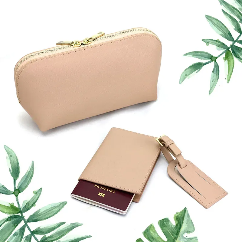 sac à cosmétiques en cuir saffiano personnalisé pour femmes, trousse de beauté en poudre de voyage pour dames, ensembles avec porte-passeport, étiquette de bagage, mode
