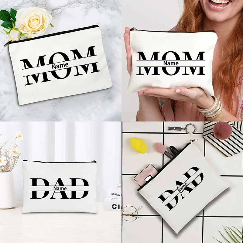 Trousse de Maquillage Monogramme "Maman Papa", Trousse de Toilette Essentiels de Voyage, Cadeau Fête des Mères et des Pères avec Nom Personnalisé