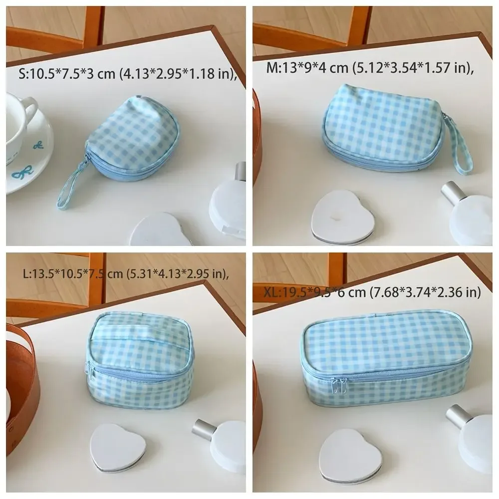 sac de maquillage en tissu oxford à carreaux bleus, sac de rangement multifonctionnel de grande capacité pour articles de toilette, sac de rangement de voyage étanche pour affaires