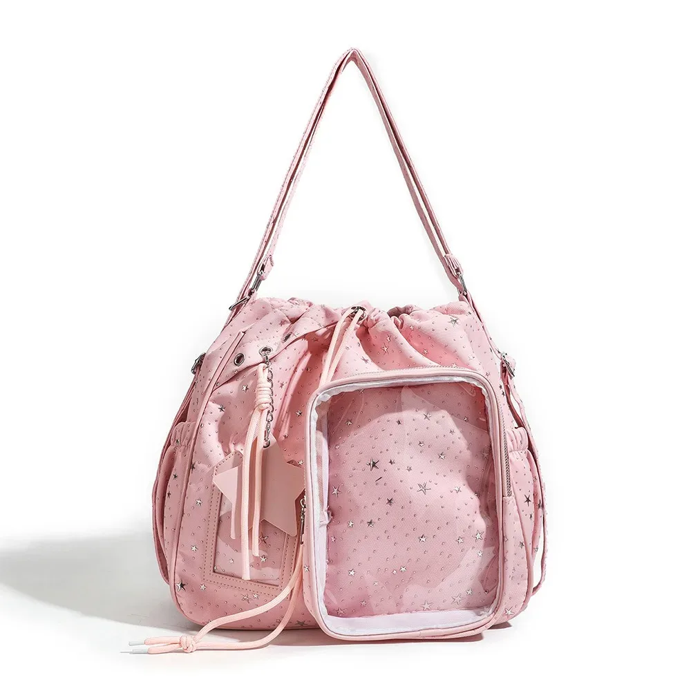 sac à dos étudiant grande capacité kawaii, imprimé étoiles transparentes, sac à dos à cordon double épaule, sac à dos pentagramme pour collège