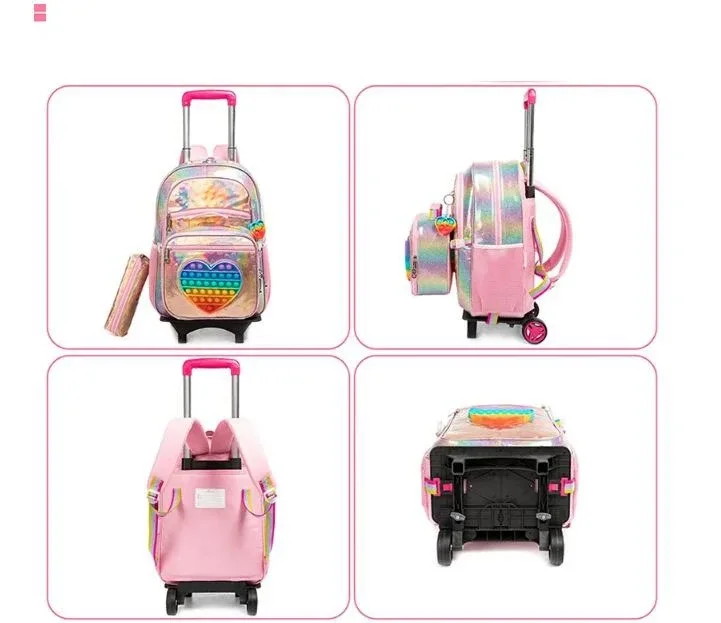 sac à dos d'école 3 en 1, sac à dos à roulettes, sac à roulettes avec sac à déjeuner, sac à stylos pour filles, sac à dos roulant pour filles