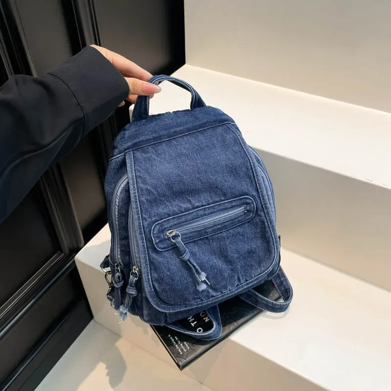 sac à dos rétro japonais en denim lavé pour femmes, simple et polyvalent, sac à dos décontracté pour étudiants, sac à dos en toile de style harajuku
