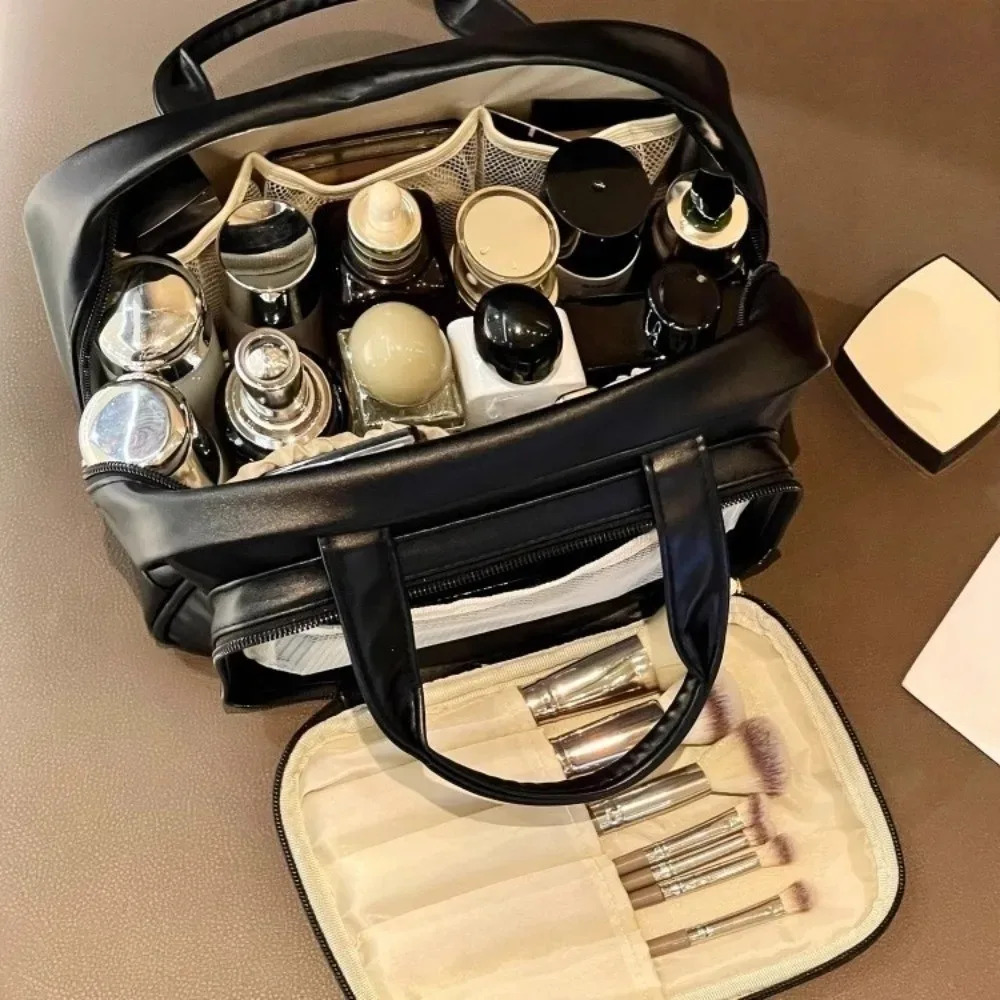Sac de rangement pour maquillage tendance, avec poignée, conteneur cosmétique portable, en cuir PU, grande capacité, trousse de toilette de voyage