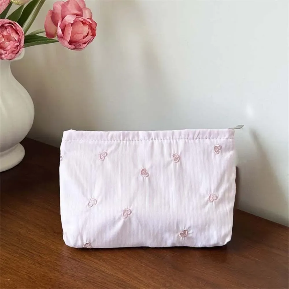 pochette à maquillage classique à rayures, motif brodé, fermeture éclair lisse, organiseur de cosmétiques, couleurs pastel, taille compacte, trousse de toilette