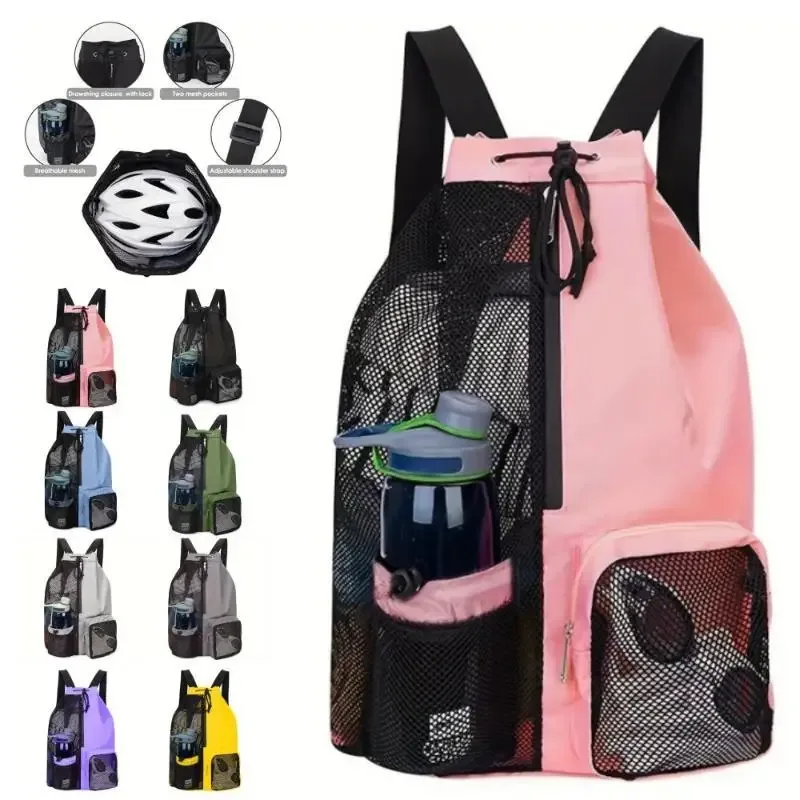 Sac à dos respirant en maille noire avec cordon de serrage, poche latérale et bretelles durables pour la gym, la natation, la plage et les voyages en plein air