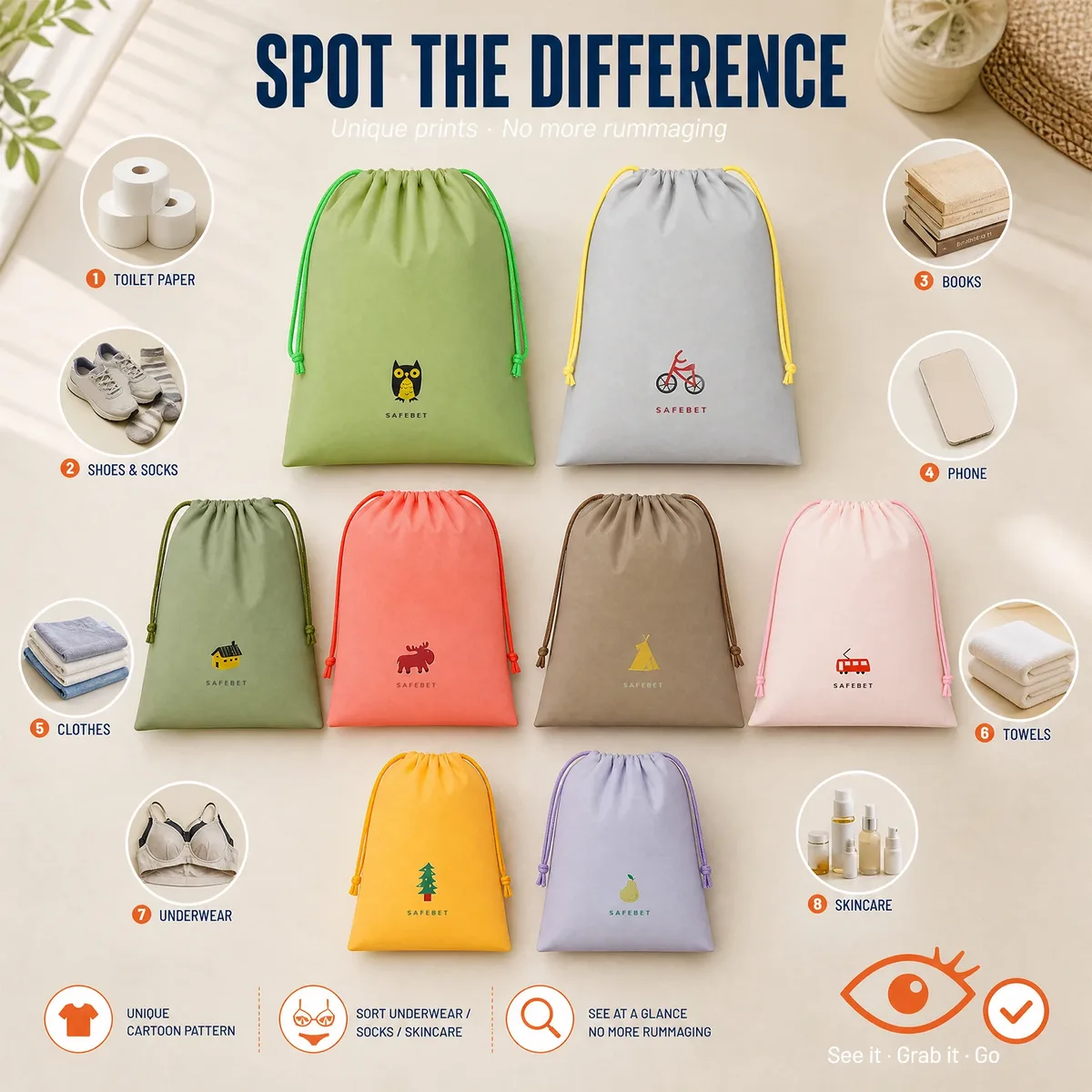 lot de 8 sacs de rangement imperméables avec cordon de serrage et motifs de dessins animés distinctifs, sacs de voyage pour vêtements