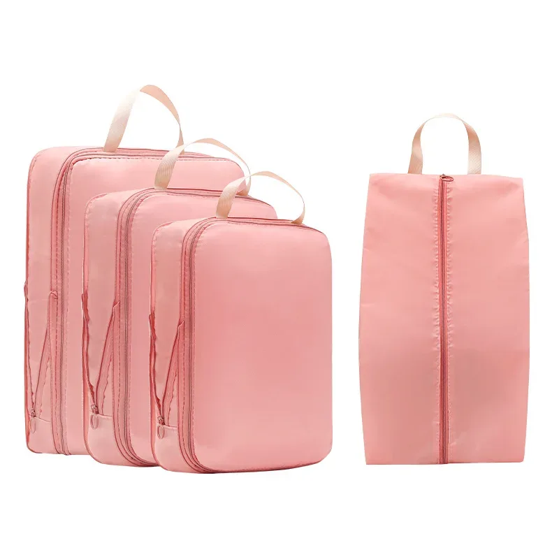ensemble de sacs de rangement pour bagages pour vêtements en forme de cubo compressible et extensible de 4 pièces, en tissu doux et résistant de haute qualité, avec sacs de rangement adaptés aux vêtements, chaussures, cosmétiques et articles de toilette, organisateur de voyage multifonctionnel à fermeture éclair facile à emballer