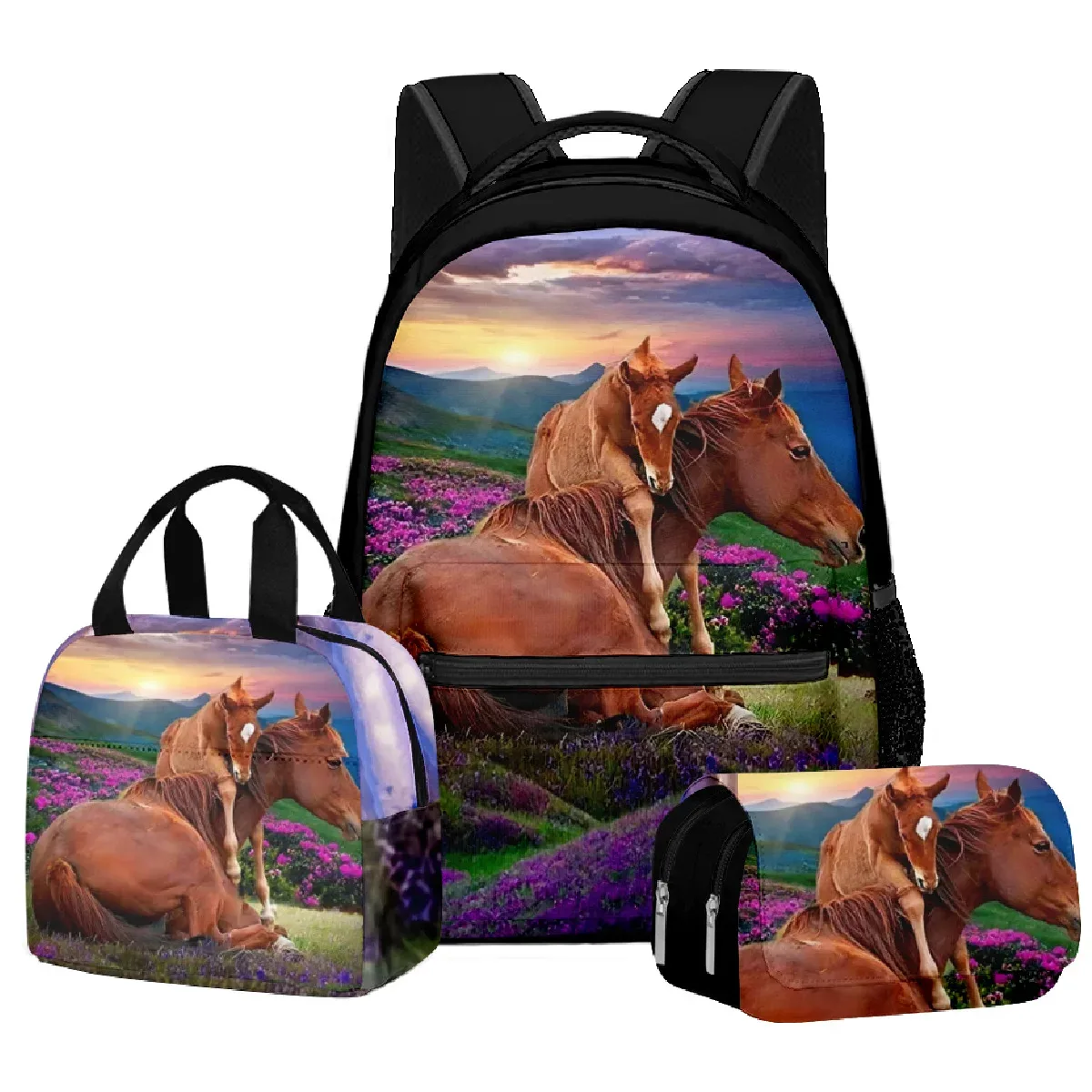 mode nouveauté cool prairie cheval 3d imprimé 3 pièces/ensemble étudiant sacs d'école ordinateur portable sac à dos sac à déjeuner sac à crayons