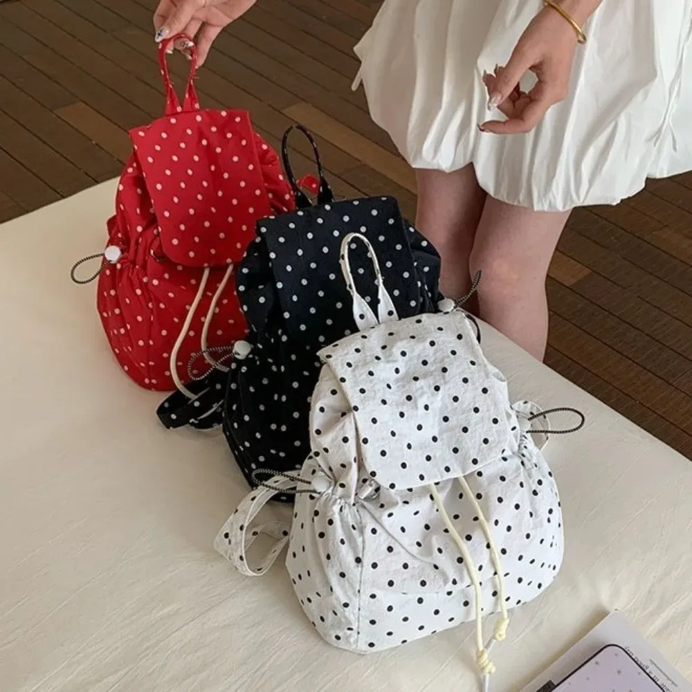 sac à dos à pois multi-poches, à cordon de serrage, style coréen, polyvalent, en tissu, grande capacité, décontracté